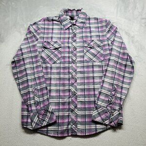Social Collision Long Sleeve Button Up Plaid Shirt Purple Black Gray Men Sz L